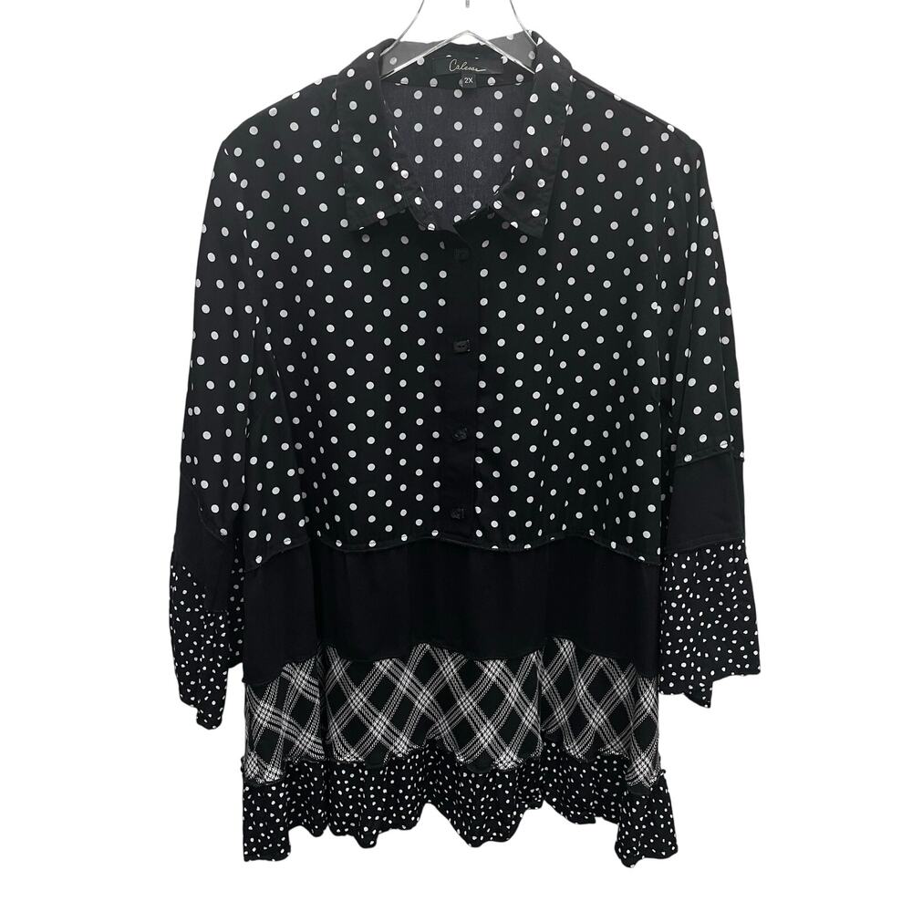Calessa Mixed Print 3/4 Ruffle Sleeve Half Button Front Tiered Tunic Size 2X